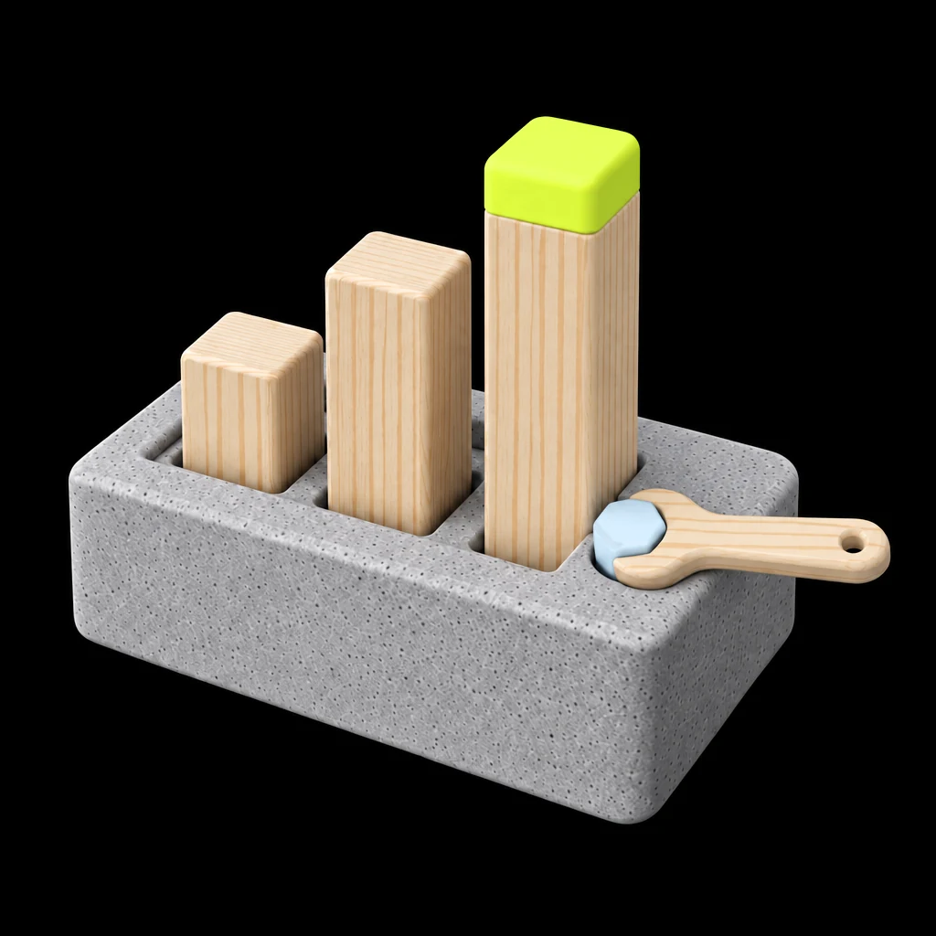 Concrete box holding three pine bars like a bar chart, the tallest capped in lime, with a pine wrench turning a sky blue bolt set into the concrete beside the tallest bar