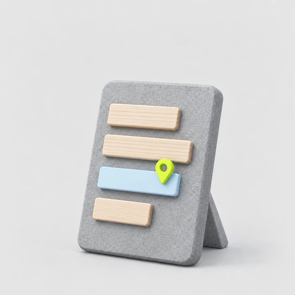 Concrete tablet propped on a stand showing four text bars, one in sky blue with a lime marker pin standing on it