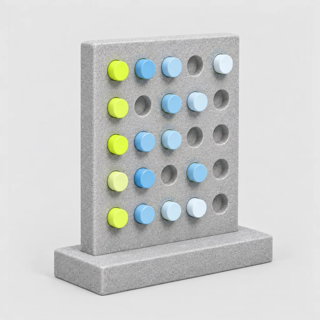 Concrete peg board with a five by five grid of holes: the left column holds lime pegs, other columns hold sky blue pegs from faint to strong, and eight holes are empty, like a visibility heatmap against competitors