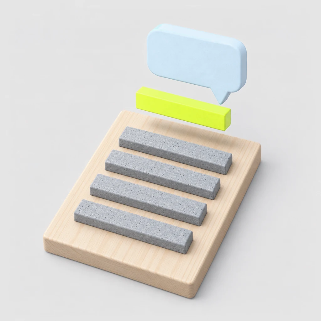 Pine page with four concrete text bars; a sky blue speech bubble hovers above a lime bar lifted off the top of the page