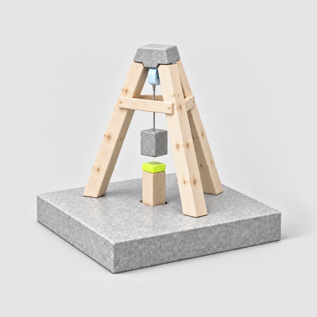 Toy pile-driving tripod standing on a concrete foundation slab: three thick pine beams braced by a ring of cross-ties and locked into a concrete head block, with a sky blue pulley holding a concrete block above a lime-capped pine pile set into the slab