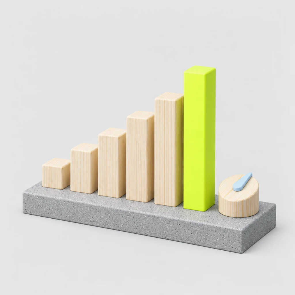Six bars rising left to right on a concrete base, the tallest in lime, beside a pine dial with a sky blue pointer