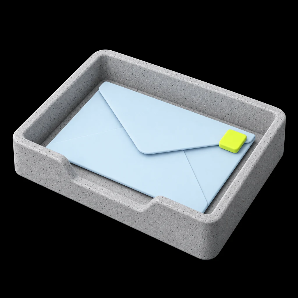 Sky-blue envelope with a lime tab resting in a concrete in-tray