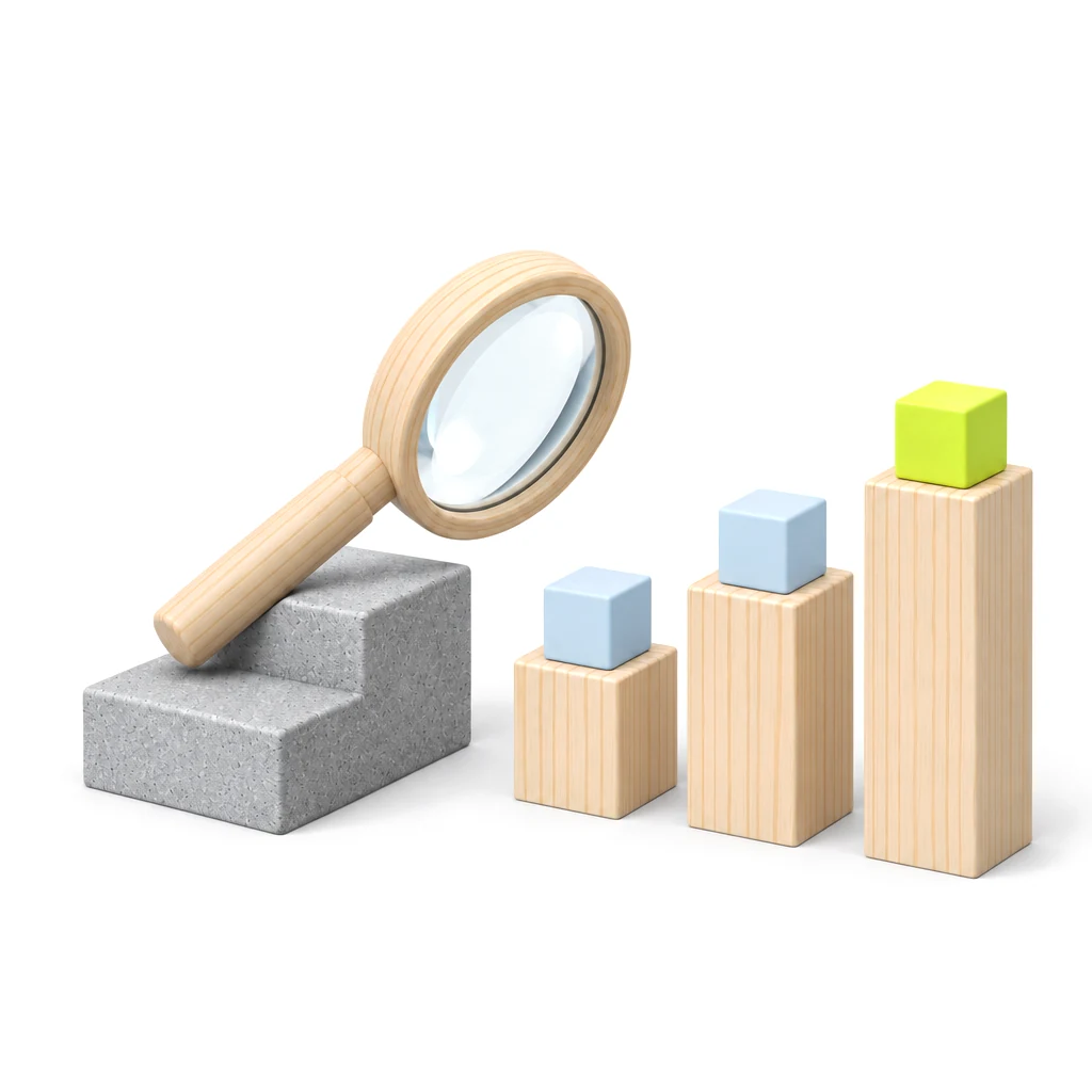 Wooden magnifying glass on a concrete plinth beside three rising pine blocks, the tallest topped in lime