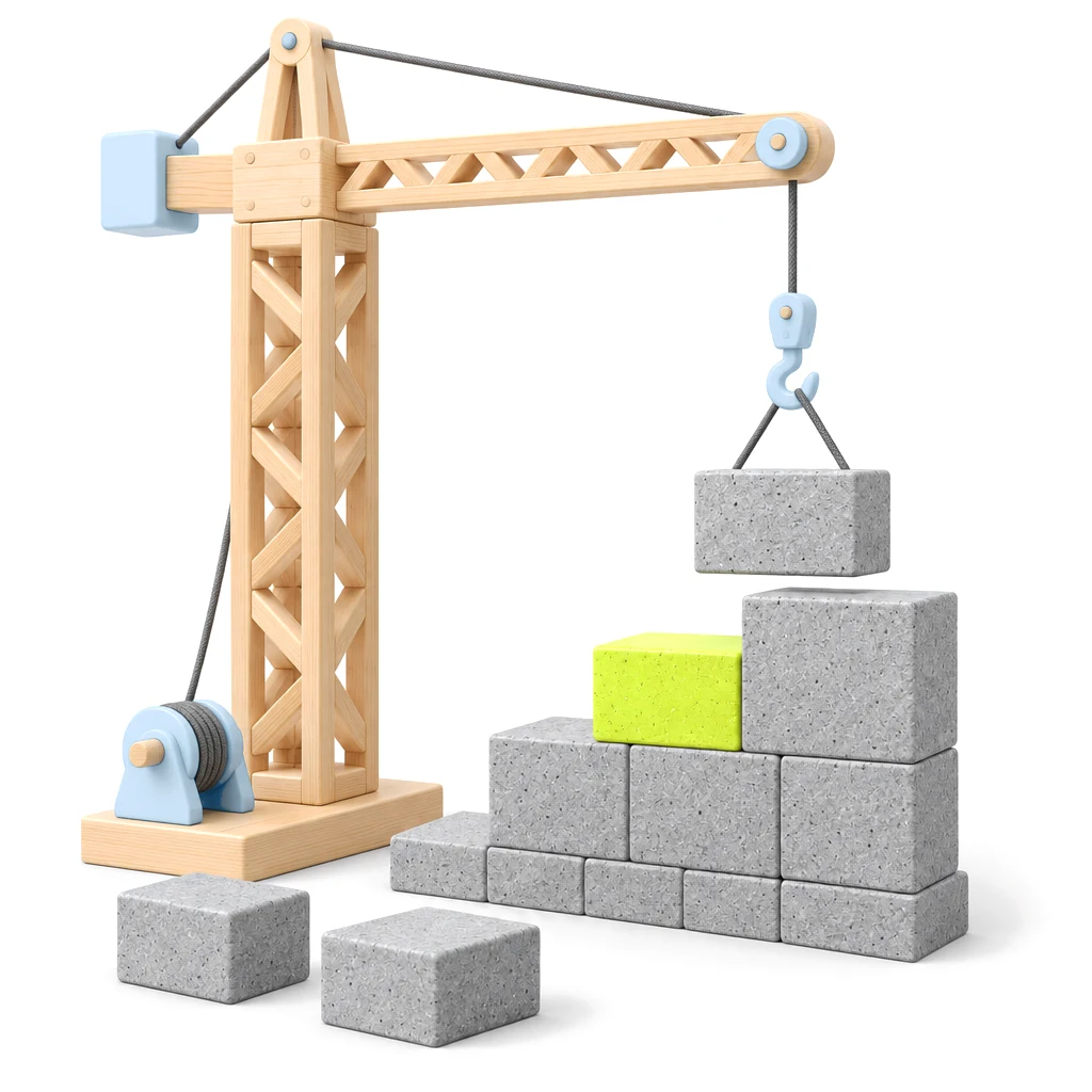 Wooden tower crane lowering a concrete block onto a half-built wall
