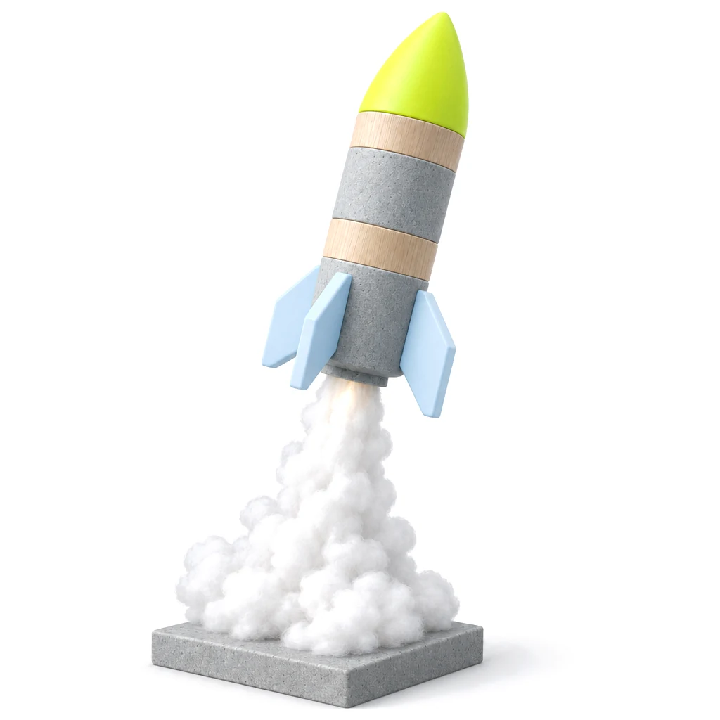 Toy block rocket lifting off its concrete pad on a plume of cotton exhaust