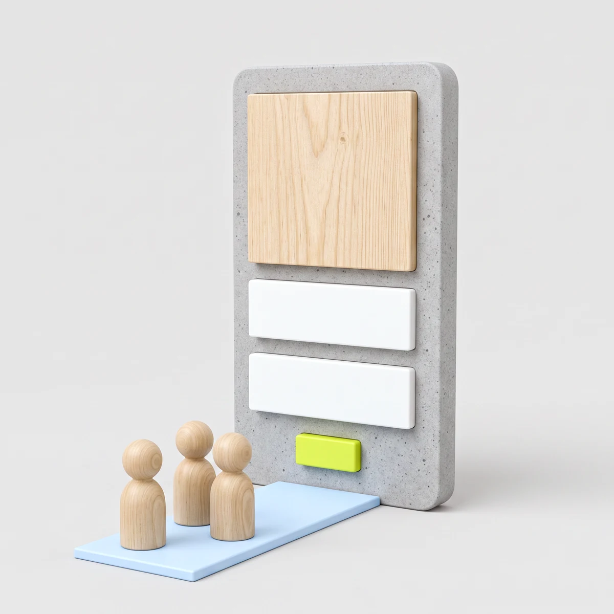 Miniature landing page as a physical stage, with three wooden peg figures approaching on a sky-blue path