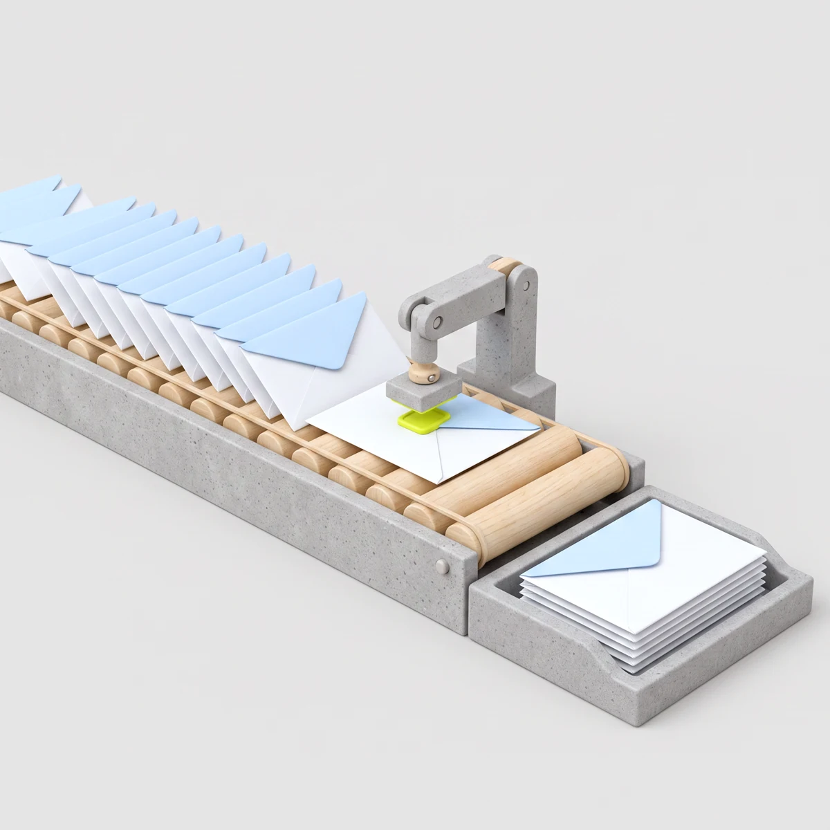 Toy production line stamping lime seals onto a row of envelopes