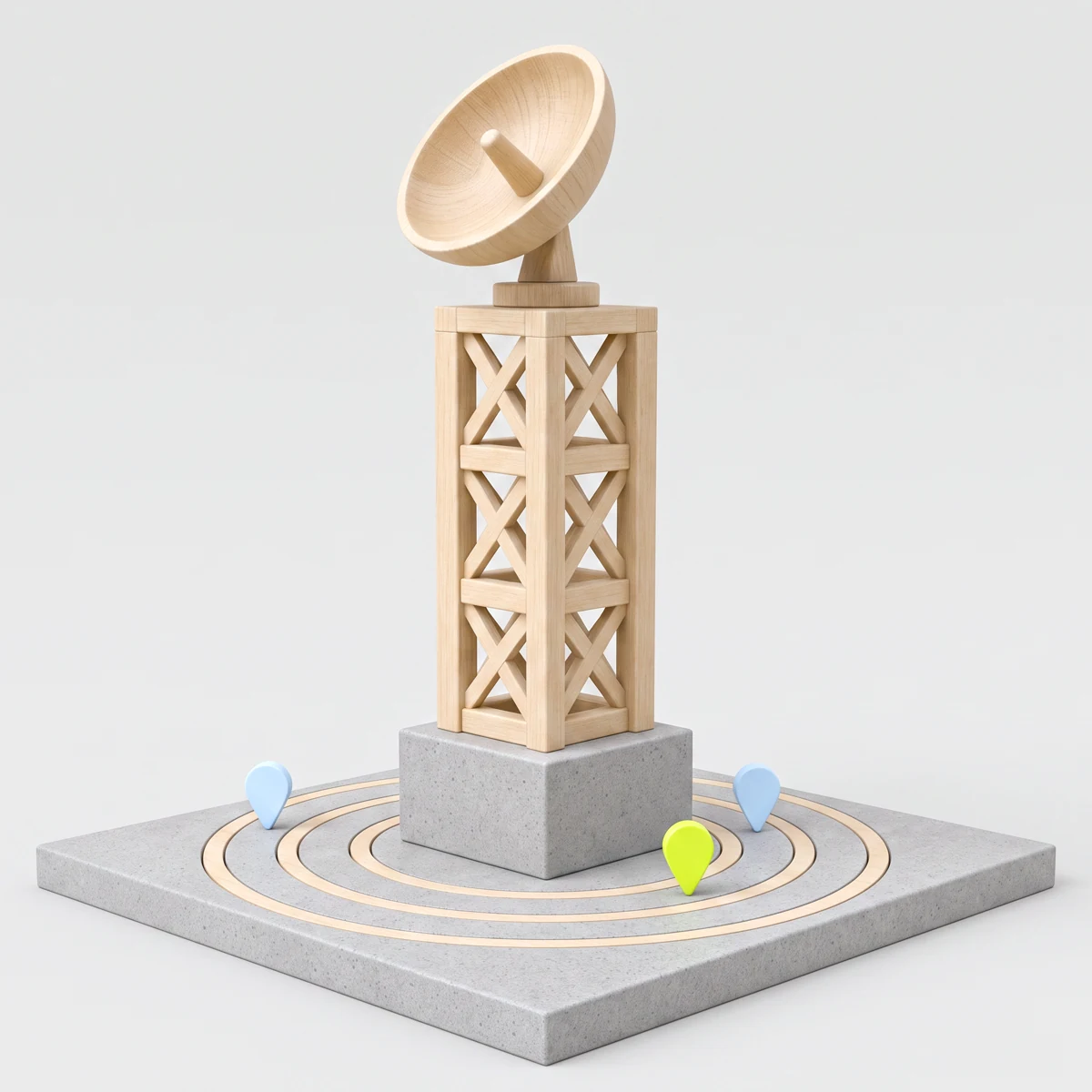 Wooden radar dish station with located marker pins on concentric ground rings