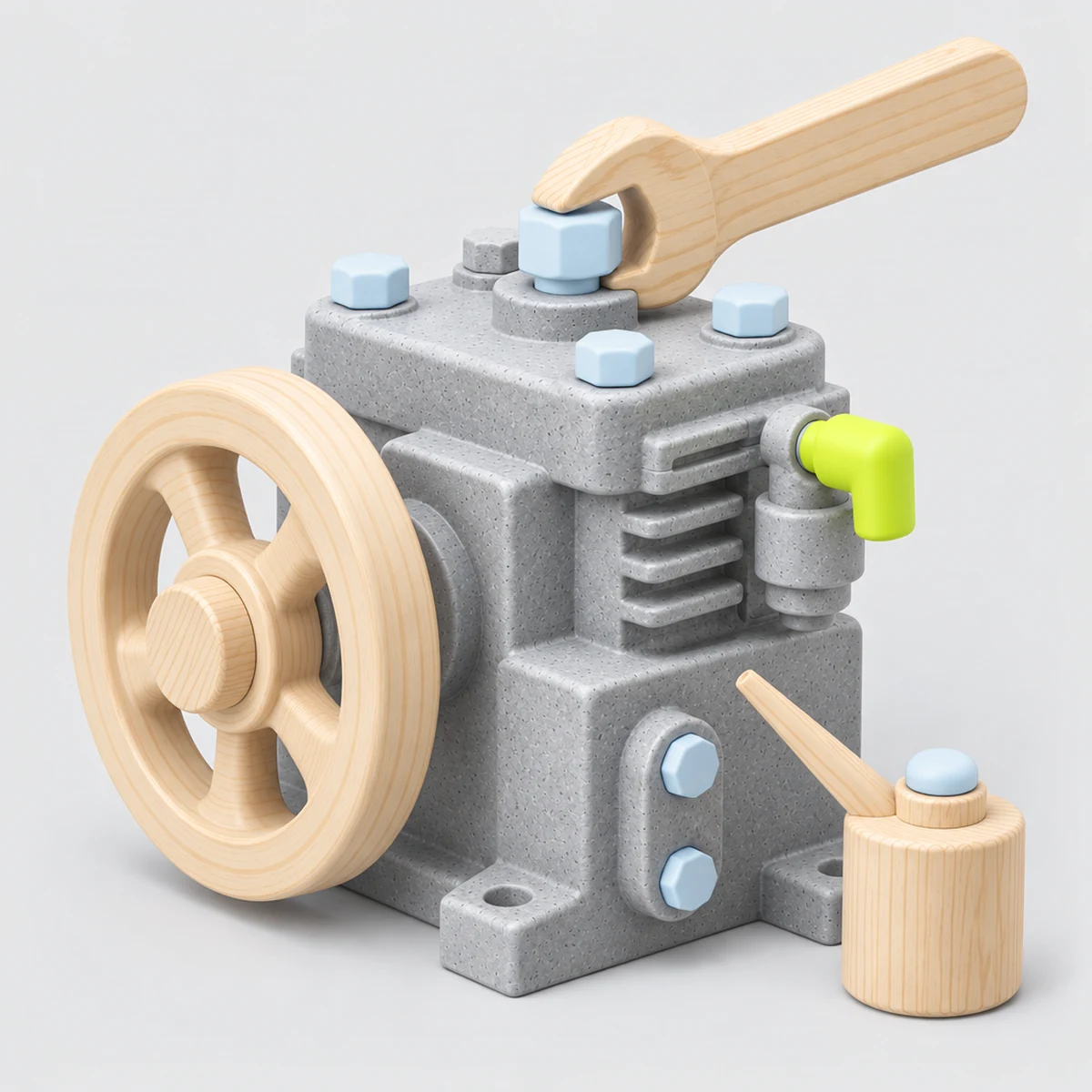 Toy concrete engine at rest with a pine flywheel, a wrench parked on a bolt and an oil can beside it